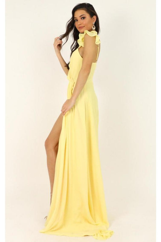 Daffodil Yellow High Slit Ruffle Straps Chiffon A Line Long Prom,JL20011