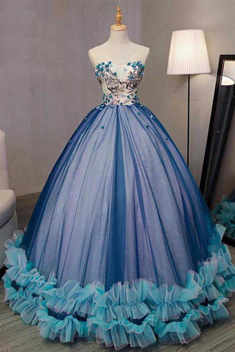 Ball Gown V Neck Sleeveless Appliqued Tulle Prom Dress, Hot Quinceanera Dresses,JL20016