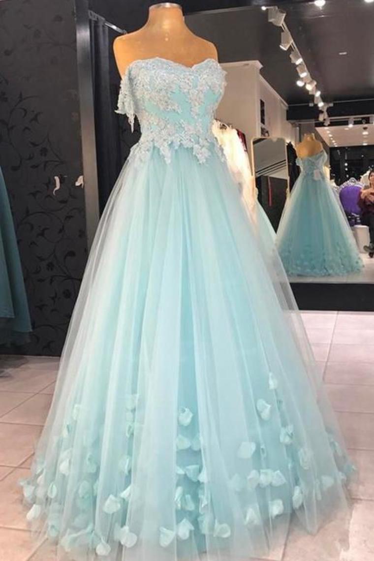 A Line Strapless Floor Length Tulle Prom Dress With Flowers, Appliqued Formal Dress,JL20019