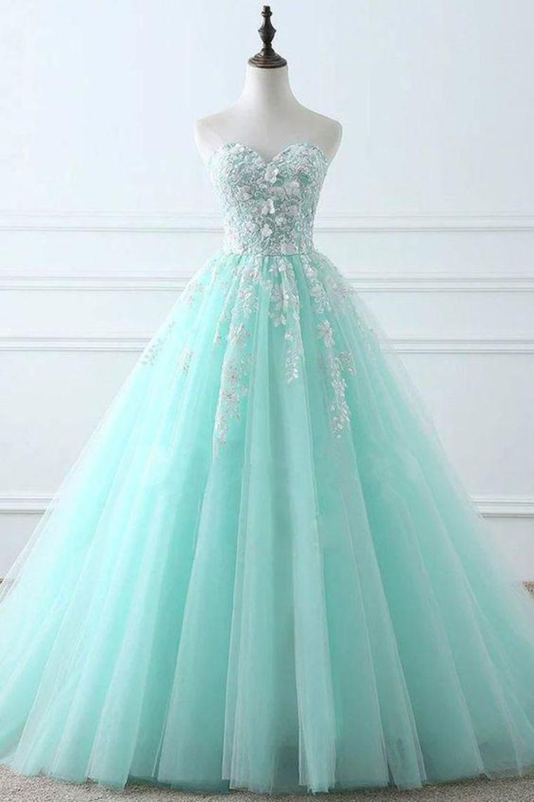 Sweetheart Puffy Tulle Prom Dress With Lace Appliques, Long Graduation Dress,JL20023