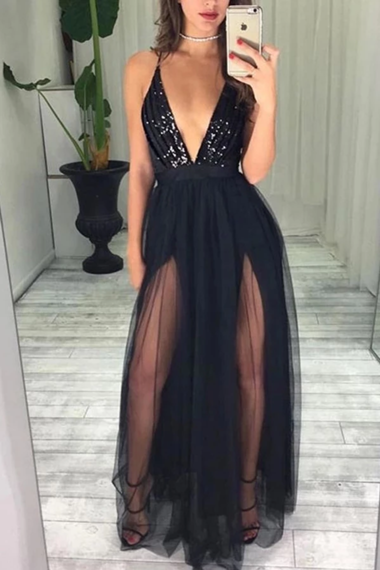 Sexy Black Sequins And Tulle Spaghetti Straps Deep V Neck Simple Floor Length Prom Dress,JL20026