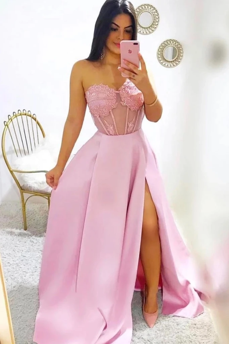 Modest A-Line Sweetheart Split Prom Dresses With Appliques,JL20027