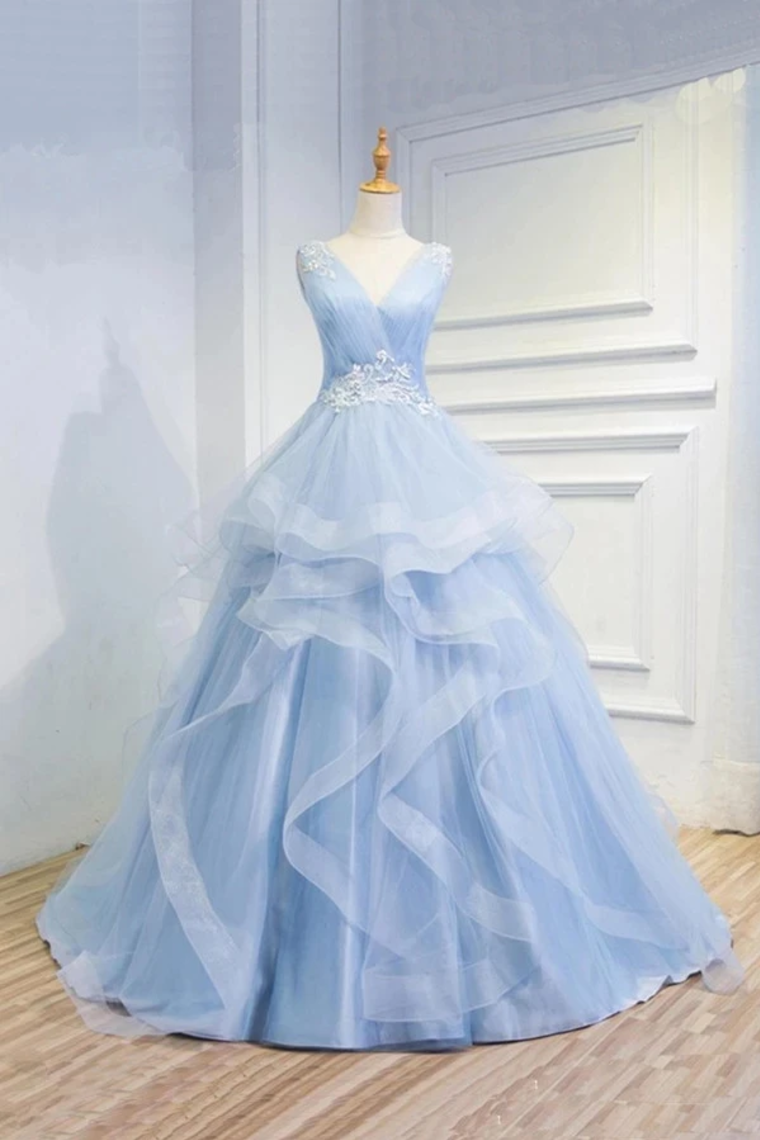 Puffy V Neck Sleeveless Tulle Prom Dress With Appliques, Quinceanera Dress,JL20028