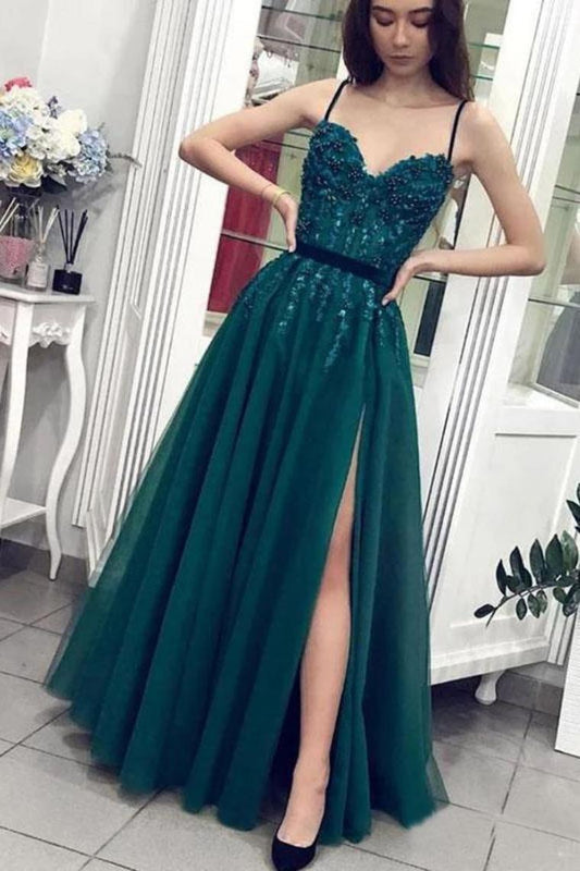 Charming A Line Tulle Spaghetti Straps Beading Prom Dresses Evening Dresses,JL20031
