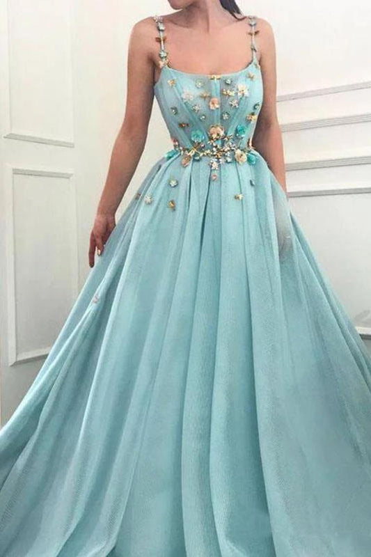Elegant A Line Spaghetti Straps Tulle Scoop Prom Dresses With Appliques, Formal Dresses,JL20032