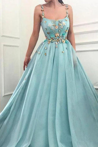 Elegant A Line Spaghetti Straps Tulle Scoop Prom Dresses With Appliques, Formal Dresses,JL20032