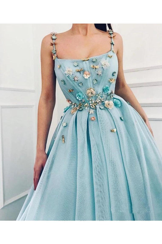 Elegant A Line Spaghetti Straps Tulle Scoop Prom Dresses With Appliques, Formal Dresses,JL20032