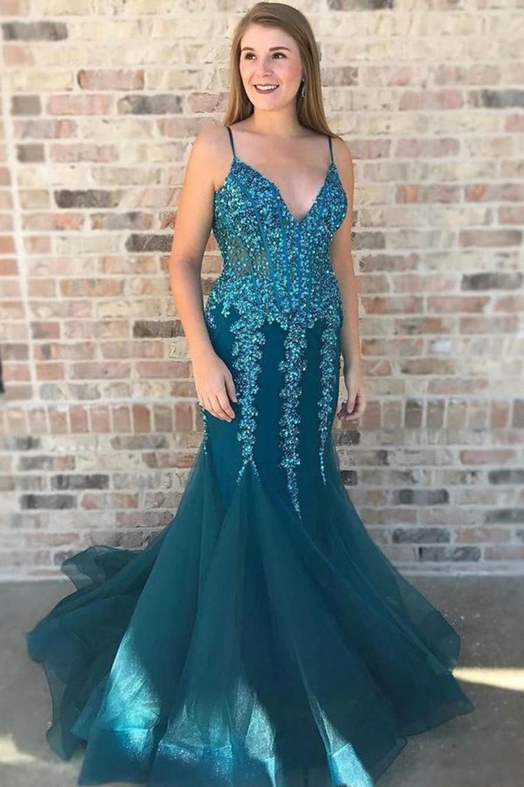 Spaghetti Straps Sweep Train Tulle Prom Dress With Beading, Mermaid Formal Dress,JL20038