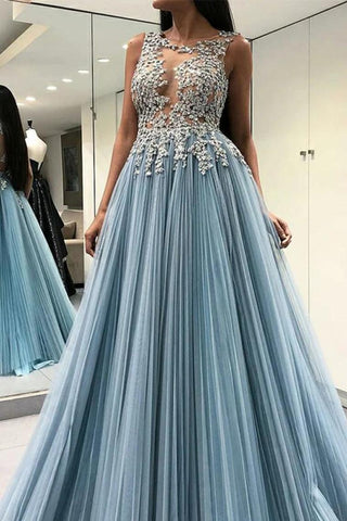 A Line Sleeveless See Through Tulle Prom Dress With Appliques, Floor Length Formal Dress,JL20039