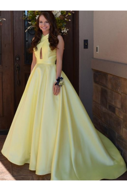 Daffodil Satin Sleeveless Criss-Cross Neckline Prom Dress With Sweep Train,JL20040