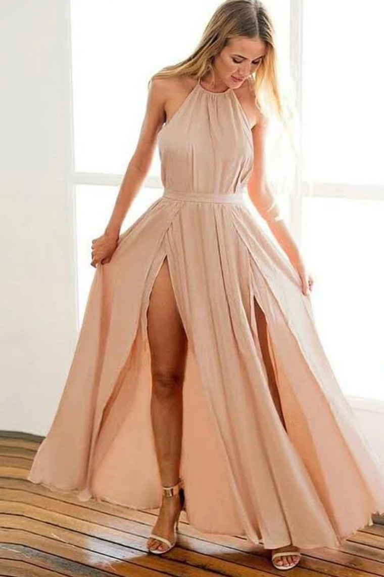 Backless Halter Floor Length Prom Dresses With Split,JL20041