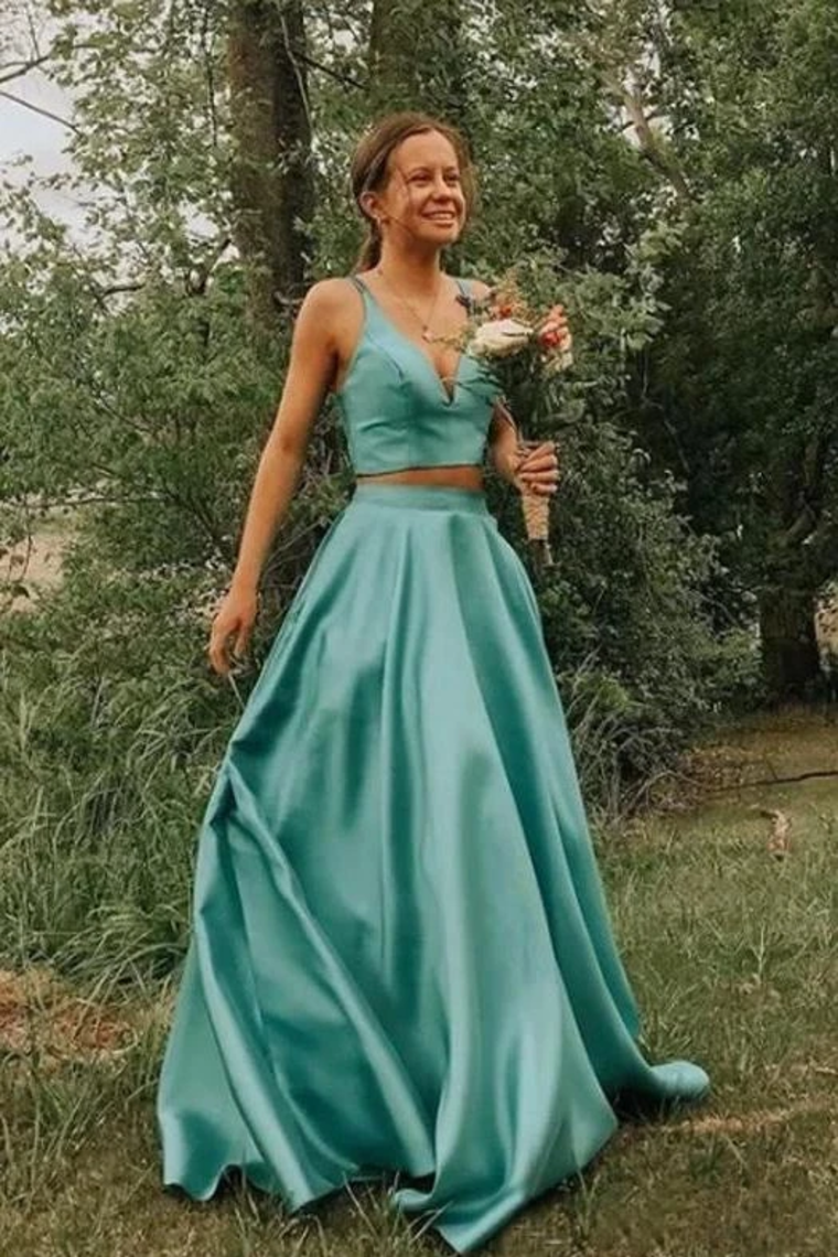 Simple A Line Two Pieces V Neck Satin Prom Dresses, Formal Dress,JL20044
