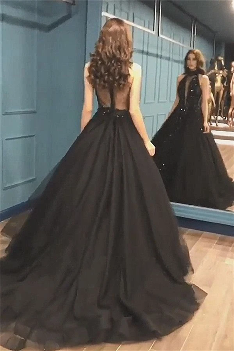 Sexy Ball Gown High Neck Black Tulle V Neck Sequins Party Dresses, Prom Dresses,JL20045
