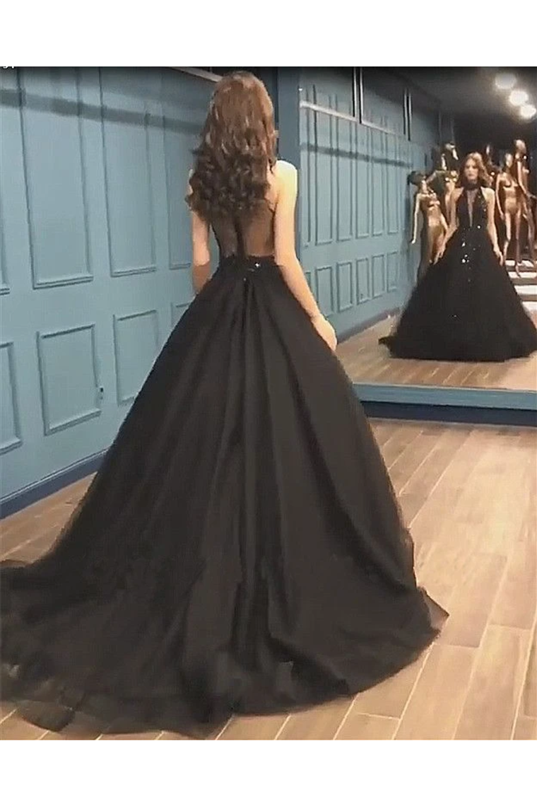 Sexy Ball Gown High Neck Black Tulle V Neck Sequins Party Dresses, Prom Dresses,JL20045