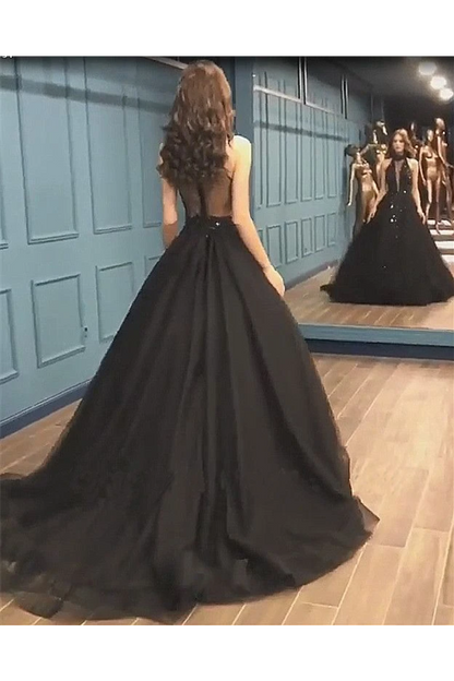 Sexy Ball Gown High Neck Black Tulle V Neck Sequins Party Dresses, Prom Dresses,JL20045