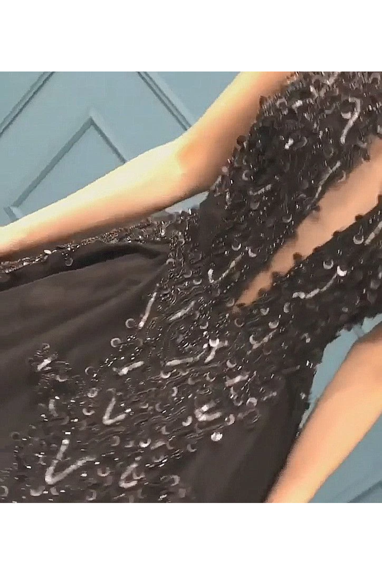 Sexy Ball Gown High Neck Black Tulle V Neck Sequins Party Dresses, Prom Dresses,JL20045