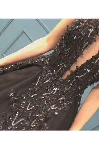 Sexy Ball Gown High Neck Black Tulle V Neck Sequins Party Dresses, Prom Dresses,JL20045
