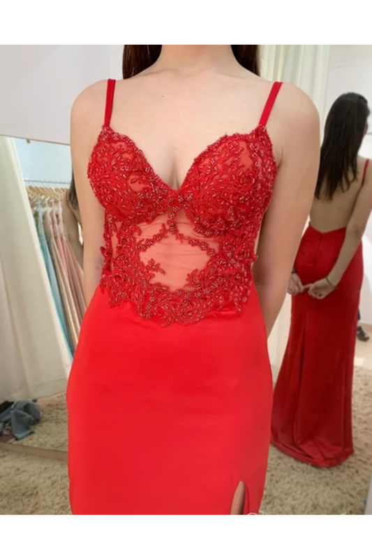Illusion SweetHeart Neck Backless Spaghetti Red Prom Dresses With Sweep Train,JL20046