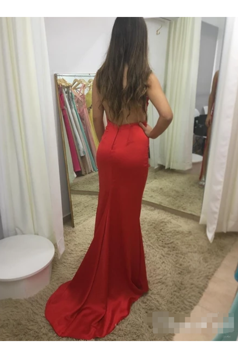 Illusion SweetHeart Neck Backless Spaghetti Red Prom Dresses With Sweep Train,JL20046