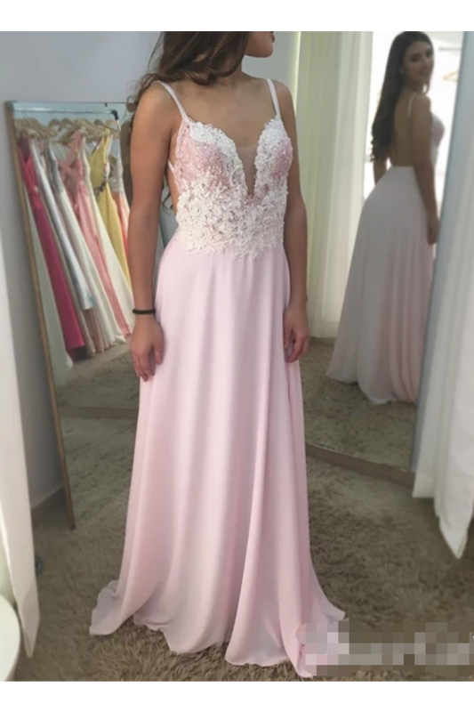 Plunging V Neck Pearls Appliques Bodice Chiffon Prom Dresses,JL20047