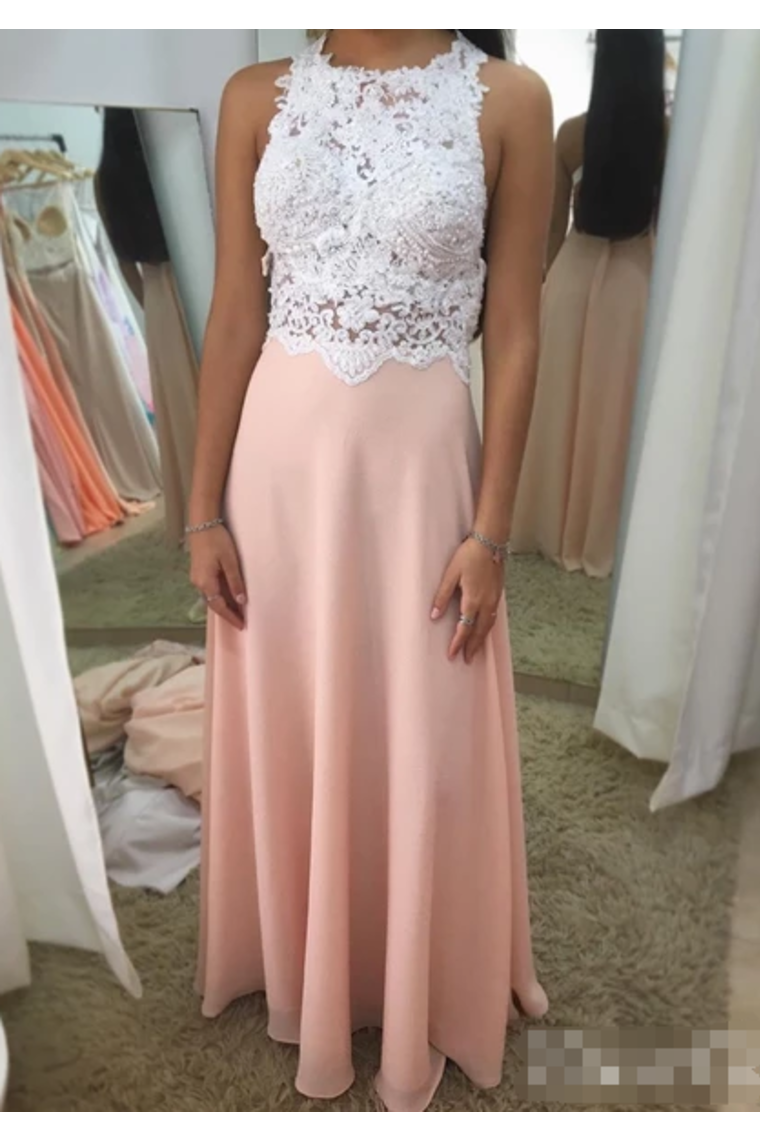 Shop Halter Neck Ivory Top Beadings Blush Crepe Chiffon Prom Dresses  JL20048