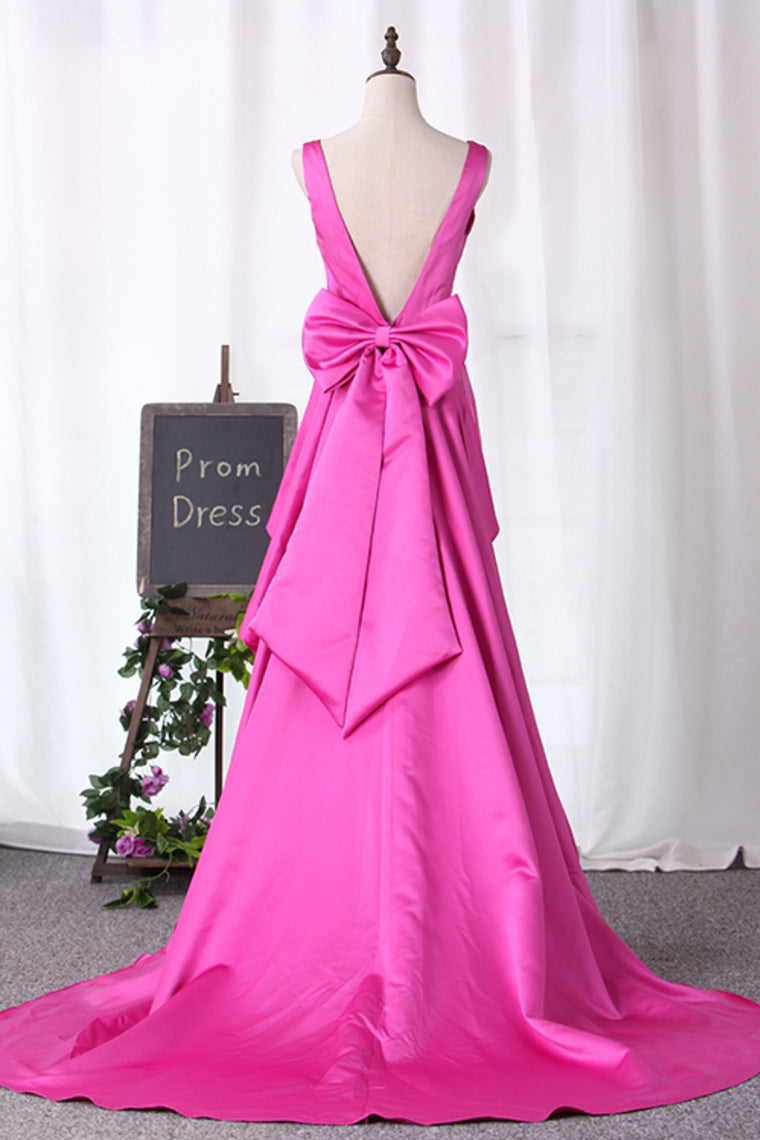 New Arrival V Neck Open Back Mermaid Prom Dresses Satin With Bow Knot,JL20056