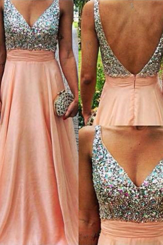 V Neck Prom Dresses A Line Beaded Bodice Chiffon Sweep Train,JL20058
