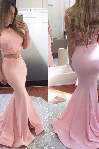 Mermaid Satin Two Pieces Prom Dresses With Appliques&Slit,JL20061