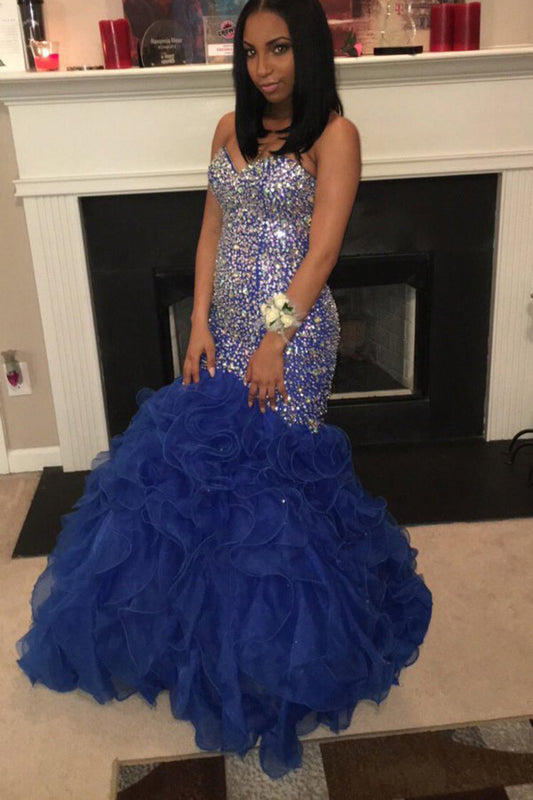 Sweetheart Mermaid Prom Dresses Organza With Beading Sweep Train,JL20062