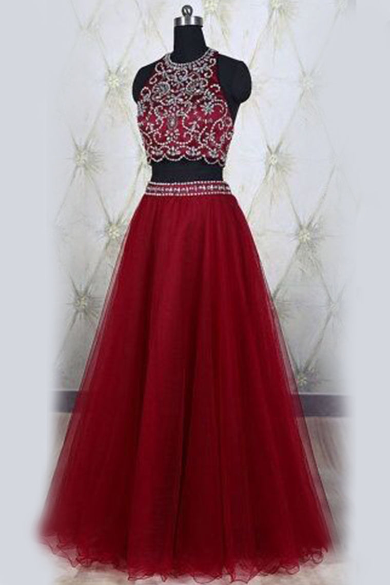 Prom Dresses Two Pieces A Line Tulle With Beading Floor Length,JL20063