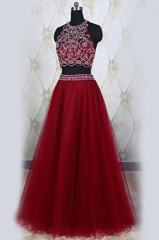 Prom Dresses Two Pieces A Line Tulle With Beading Floor Length,JL20063