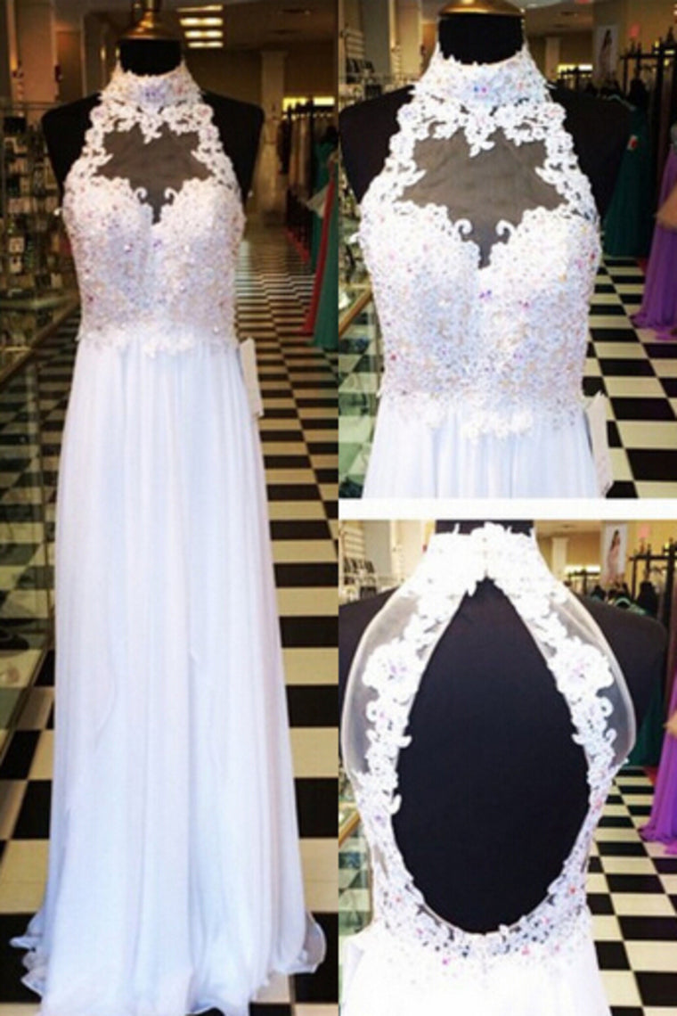 High Neck Prom Dresses A Line Chiffon With Applique And Beads Floor Length,JL20064