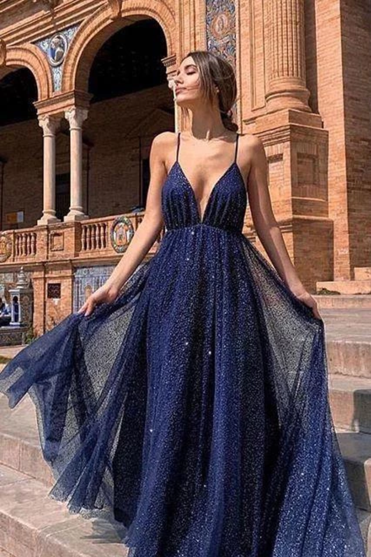 Sexy A Line Spaghetti Straps Deep V Neck Sequins Backless Long Prom Dresses,JL20065