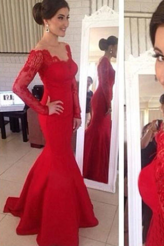 Red Prom Dresses V Neck Mermaid Long Sleeves With Applique Satin,JL20072