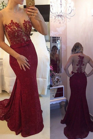 Scoop Mermaid Prom Dresses Lace & Tulle With Applique Burgundy/Maroon,JL20081