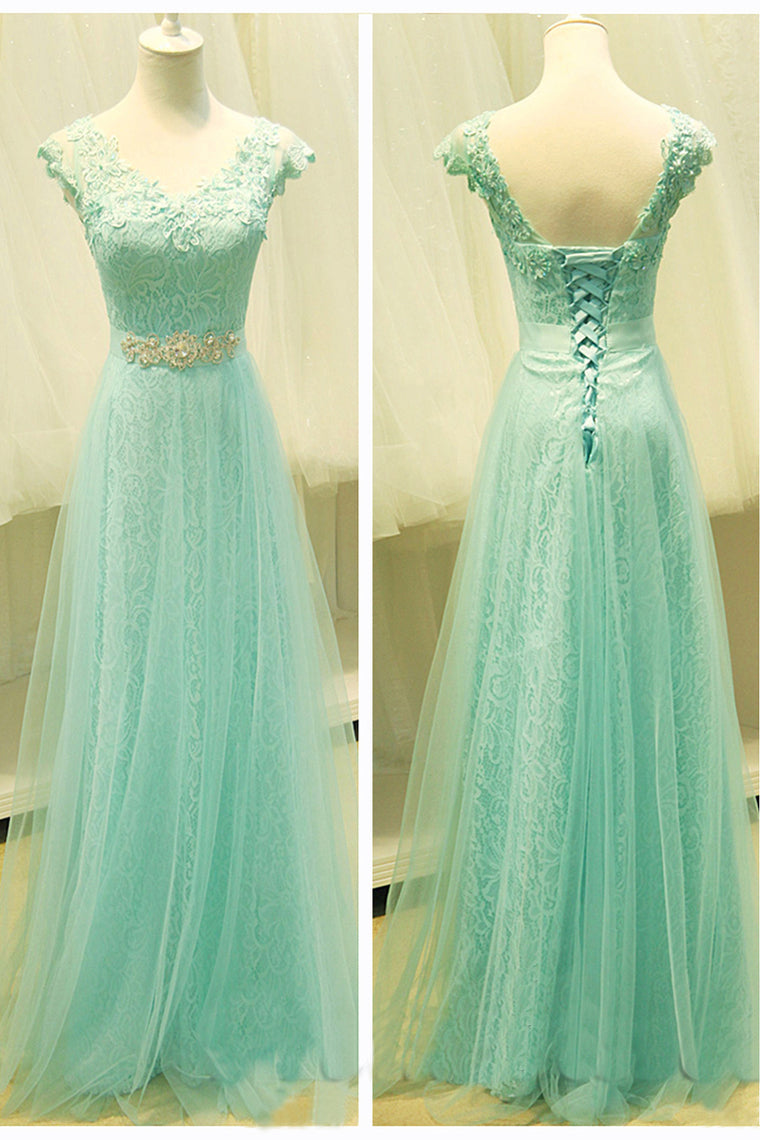 V Neck Prom Dresses A Line Tulle & Lace With Applique,JL20088