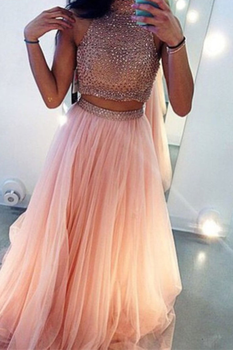 Two-Piece High Neck Prom Dresses A Line Tulle With Beading,JL20089
