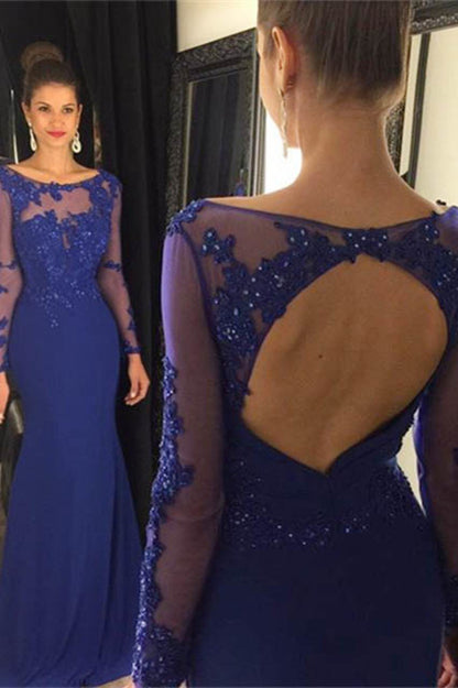 Prom Dresses Bateau Long Sleeves Backless With Applique Sweep Train,JL20090
