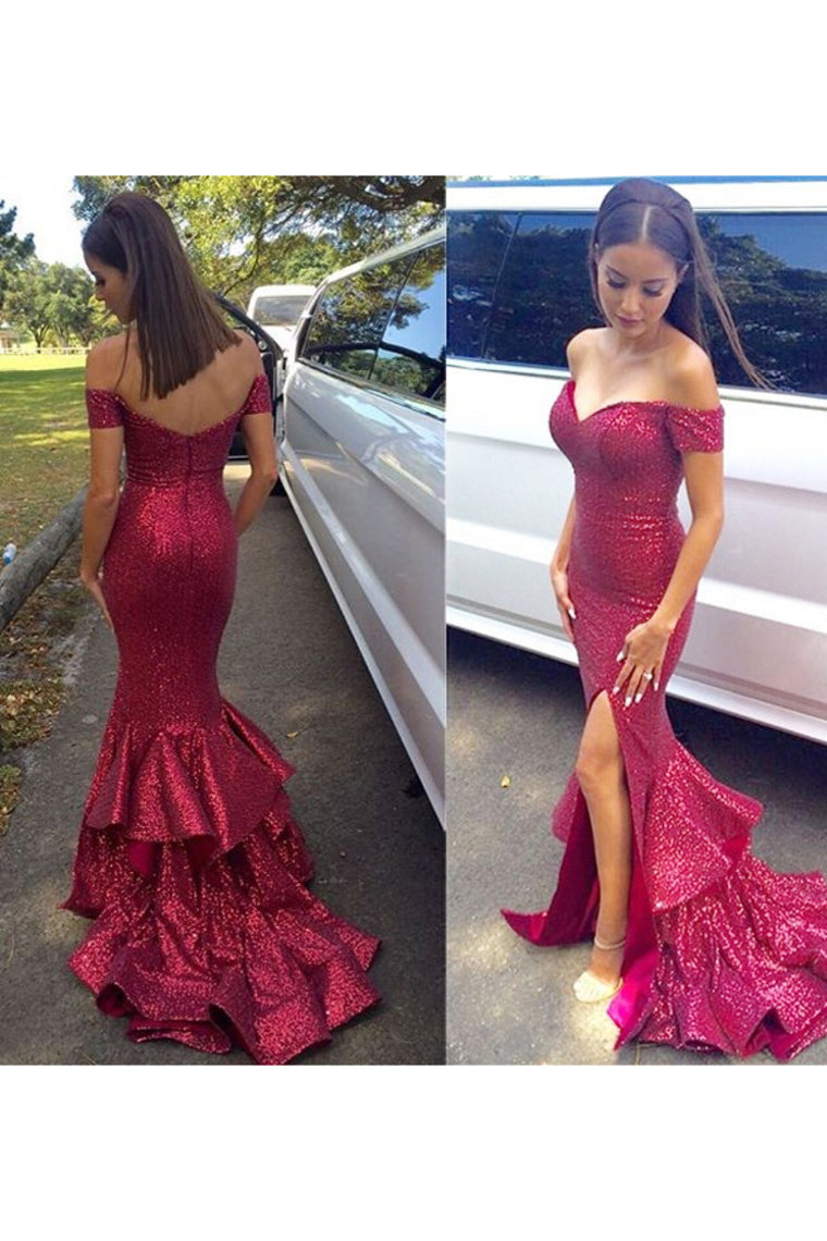 Sexy Off The Shoulder Prom Dresses Sheath With Slit Sequins,JL20097