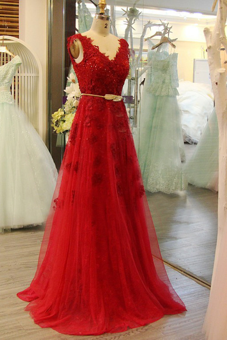 Red Prom Dresses V-Neck Tulle Floor-Length With Sash,JL20098