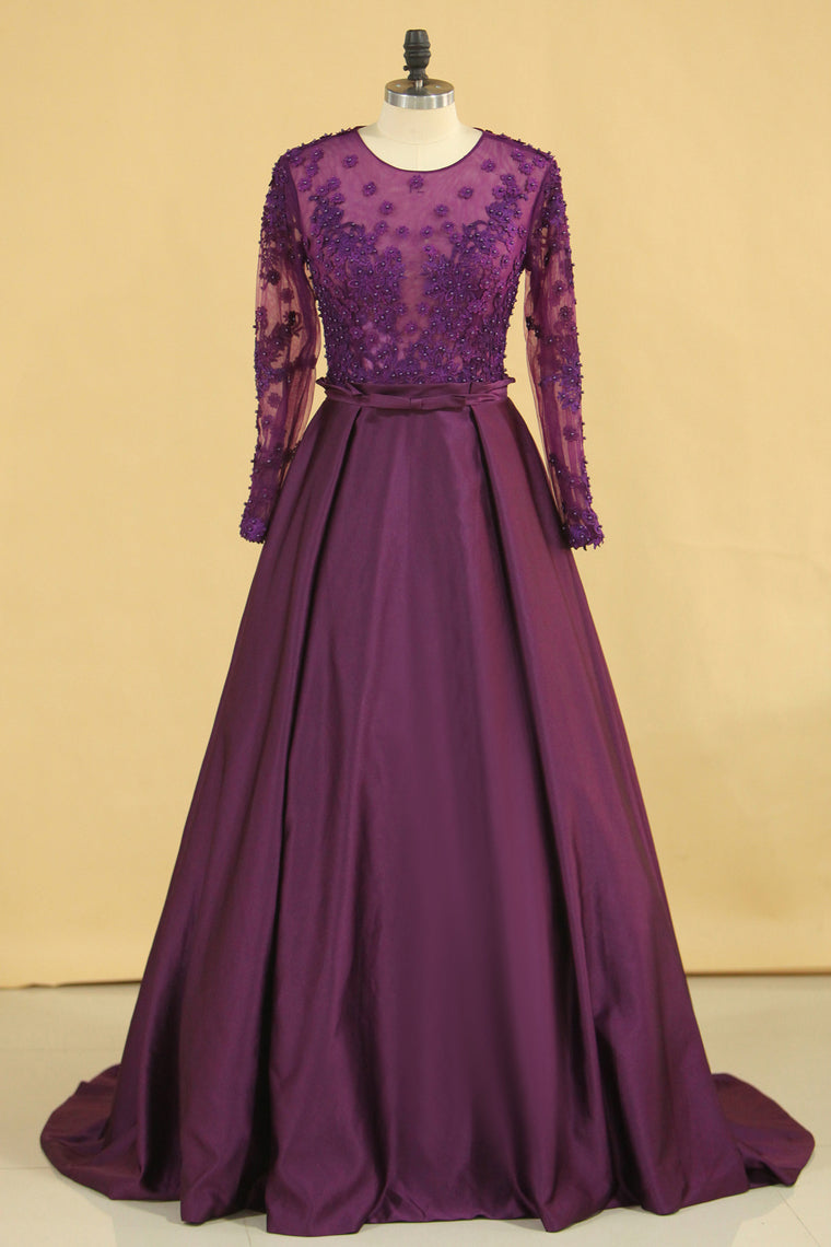 Grape Prom Dresses Scoop A Line Satin Long Sleeves With Pocket,JL20102