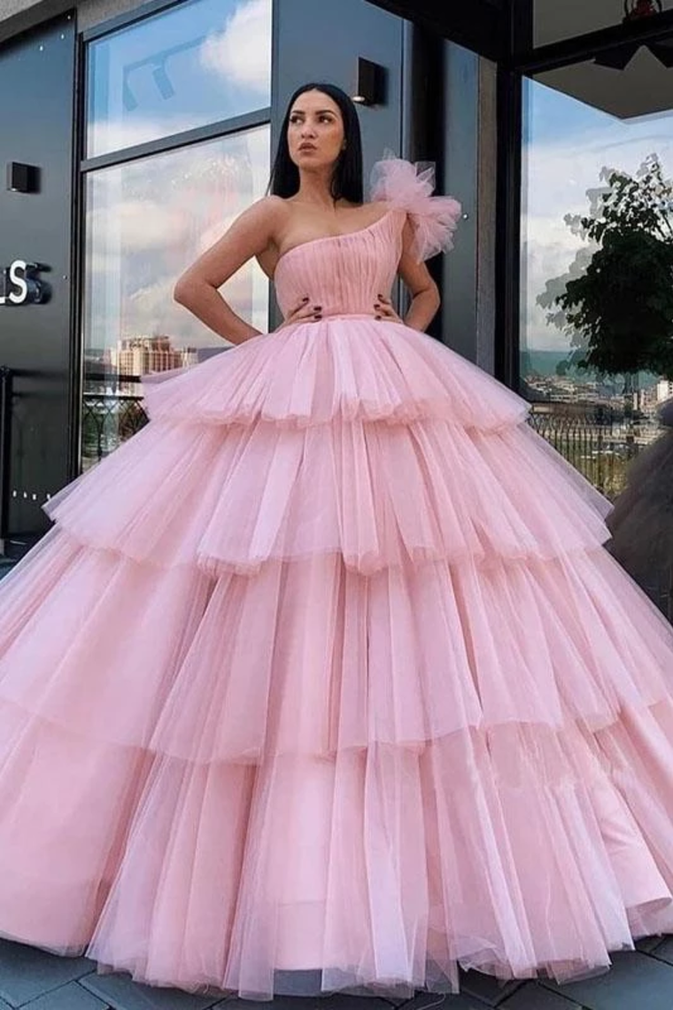 Charming Ball Gown Tulle One Shoulder Long Prom Dresses, Quinceanera Dresses,JL20108