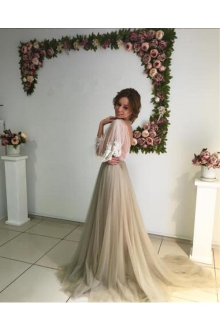 Long Puff Sleeves Prom Dresses Appliques See Through Evening Prom Dress,JL20111