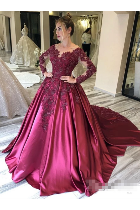 Prom Dress With Long Sleeves And Floral Embroidery Burgundy Colored Court Train,JL20119