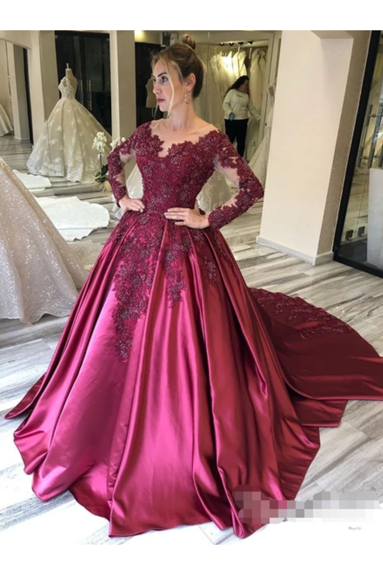 Prom Dress With Long Sleeves And Floral Embroidery Burgundy Colored Court Train,JL20119