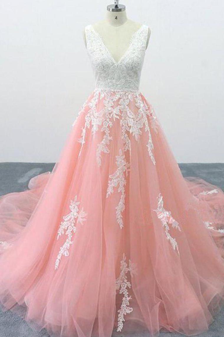 A-Line V Neck Tulle Lace Appliques Cathedral Train Formal Prom Dress,JL20120