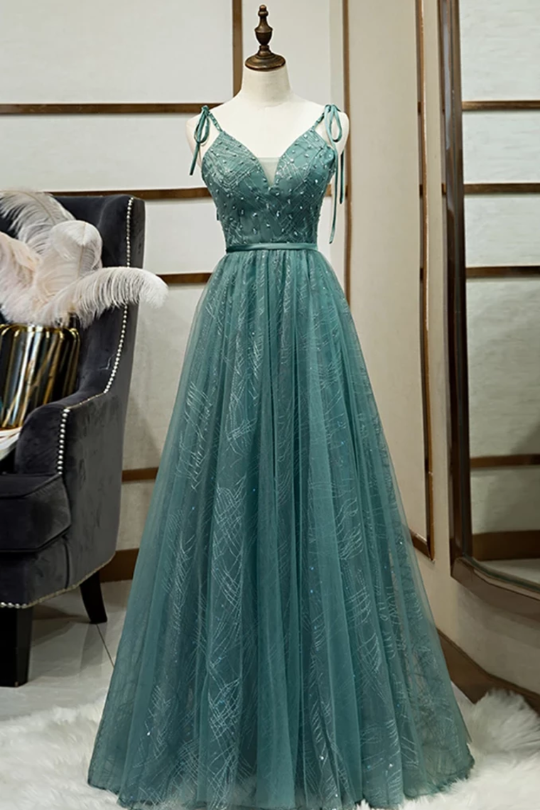 Spaghetti Straps Tulle Modest A Line Evening Dress Long Prom Dress,JL20122