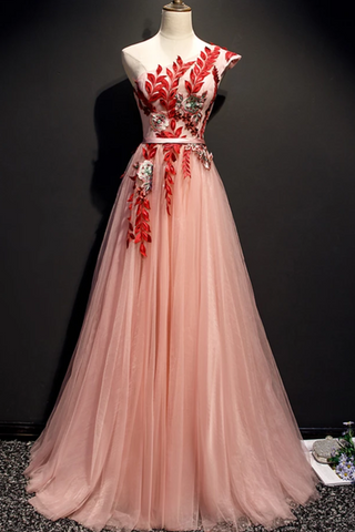 A Line One Shoulder Tulle Red Applique Long Prom Dress Evening Dress,JL20123