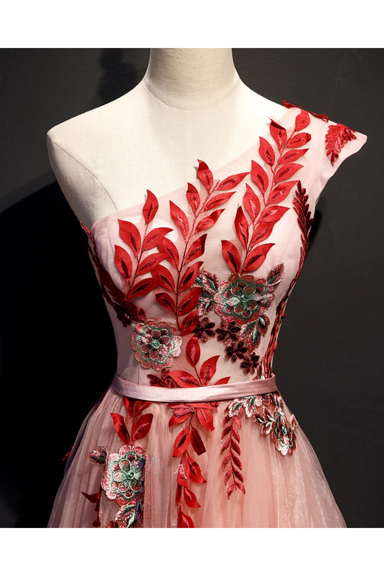 A Line One Shoulder Tulle Red Applique Long Prom Dress Evening Dress,JL20123
