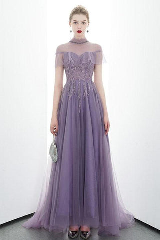 A-Line Tulle Long High Neck Prom Dresses With Ruffles Formal Evening Dress,JL20124